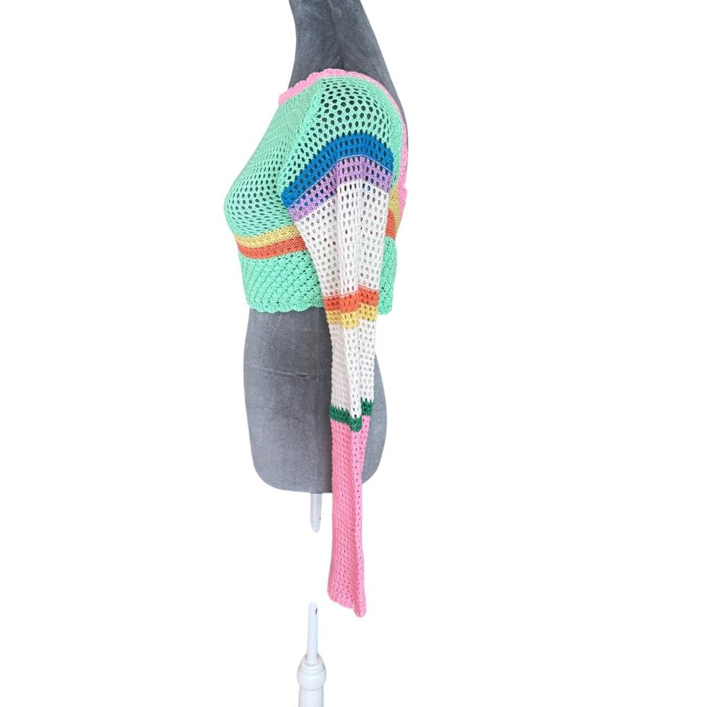 Handmade Open-Knit Colorful Cropped Sweater With Long Bell Sleeves Y2k - Picture 3 of 5